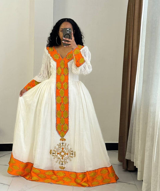 Colorful Habesha Kemis with Orange Tibeb β Handmade Ethiopian Dress for Celebrations