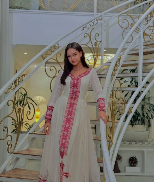 Elegant Habesha Kemis with Pink & Gold Tibeb β Classic Ethiopian Dress