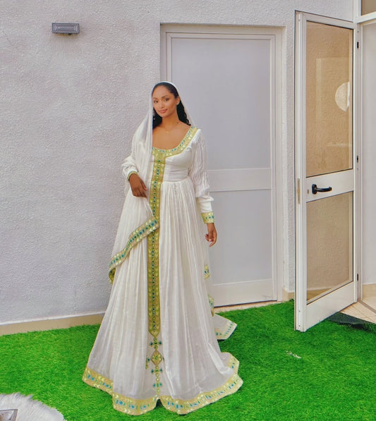 Modern Habesha Dress with Green Tibeb - Handwoven Ethiopian Kemis