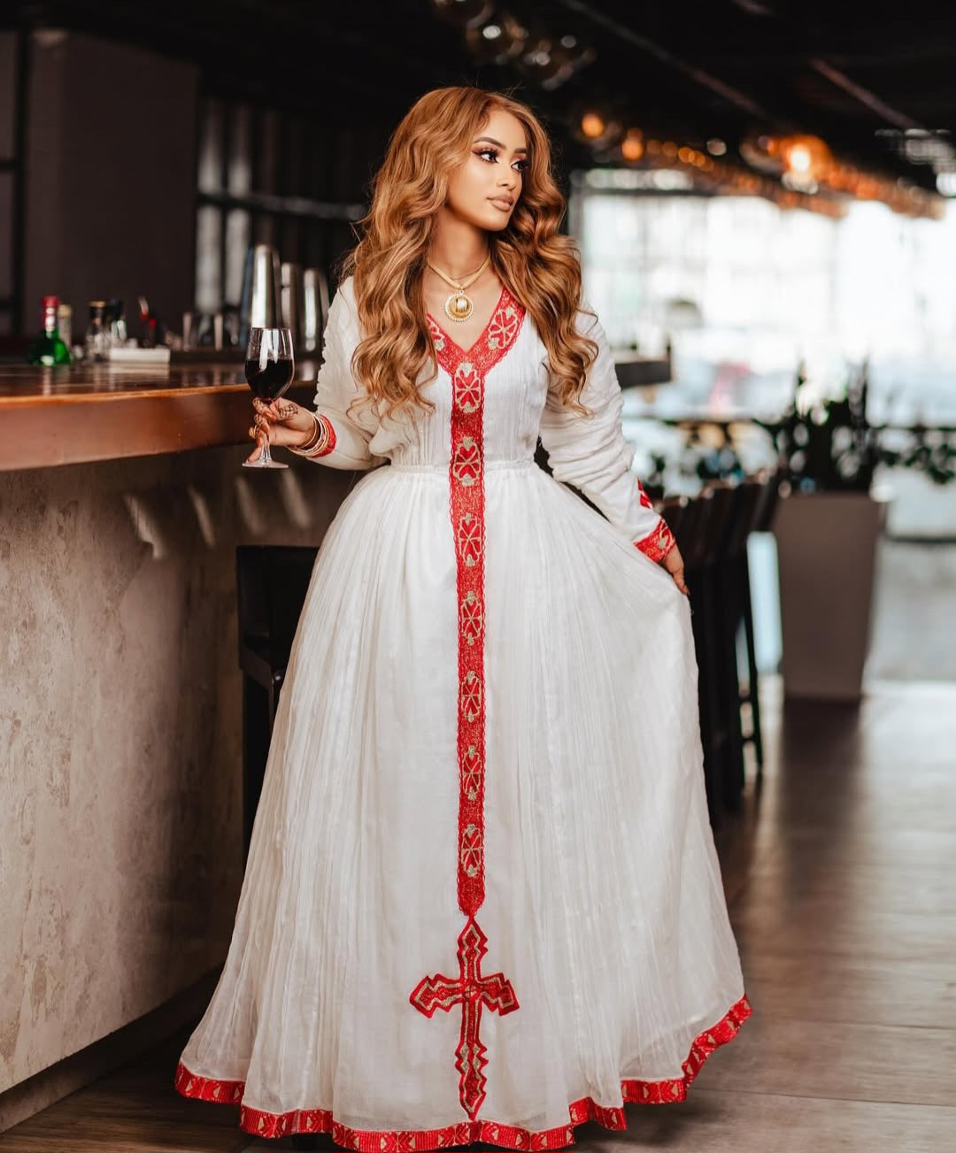 Traditional Ethiopian Dress with Red Tibeb – Authentic Habesha Kemis