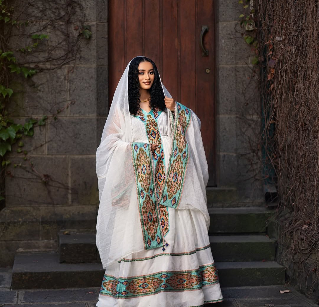White Habesha Dress with Gold Tibeb – Handwoven Ethiopian Traditional Dress