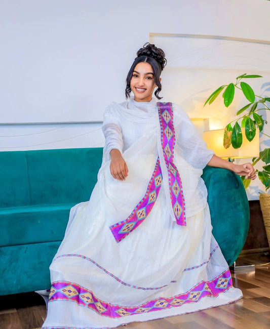 Stylish Habesha Dress with Purple Tibeb – Modern Ethiopian Kemis