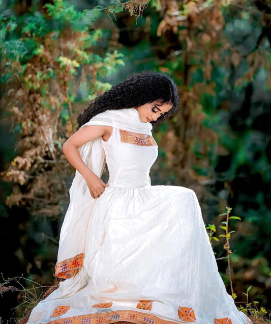 Unique Habesha Dress with Gold Tibeb – Sleeveless Ethiopian Dress