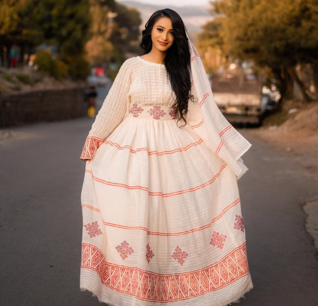Classic Habesha Kemis with Red Stripes & Tibeb – Authentic Ethiopian Dress