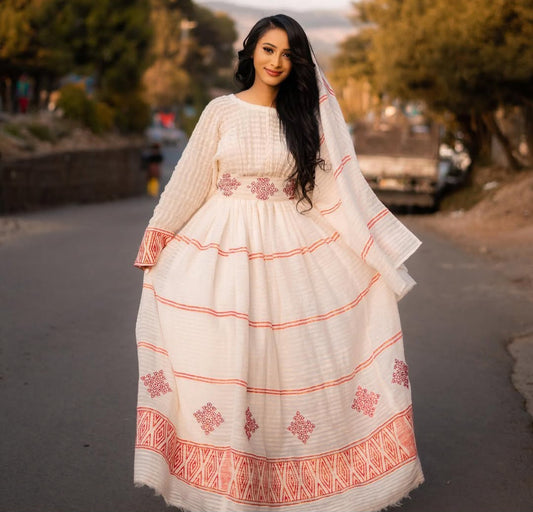 Classic Habesha Kemis with Red Stripes & Tibeb β Authentic Ethiopian Dress