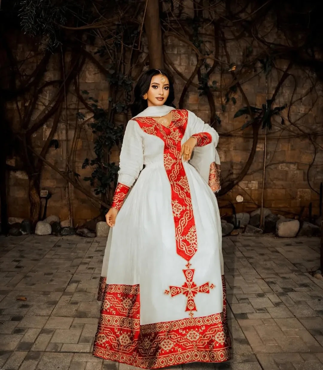 Elegant Ethiopian Dress with Red Tibeb – Cultural Habesha Dress for Shimglina & Events