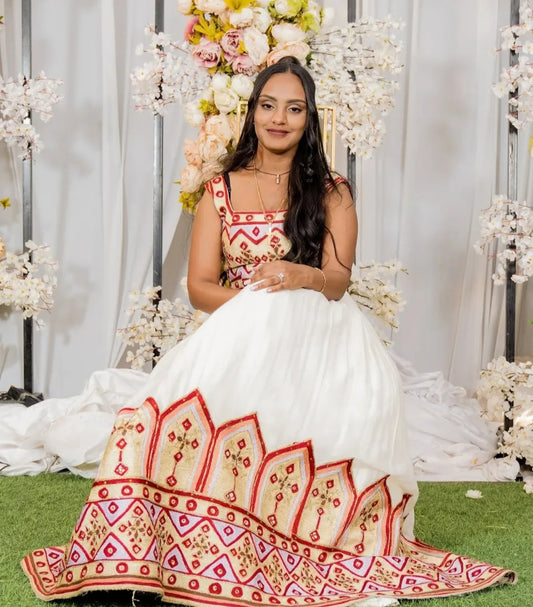 Ethiopian Wedding Dress with Red & Gold Tibeb β Elegant Habesha Kemis for Brides