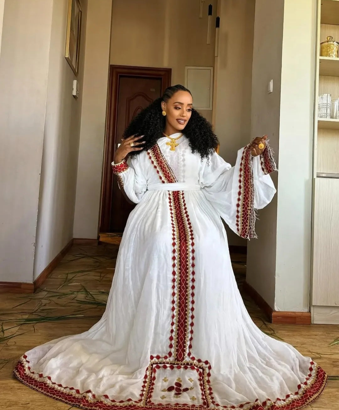 Regal Ethiopian Dress with Red Tibeb – Stunning Habesha kemis
