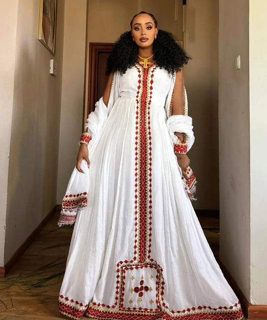 Regal Ethiopian Dress with Red Tibeb – Stunning Habesha kemis