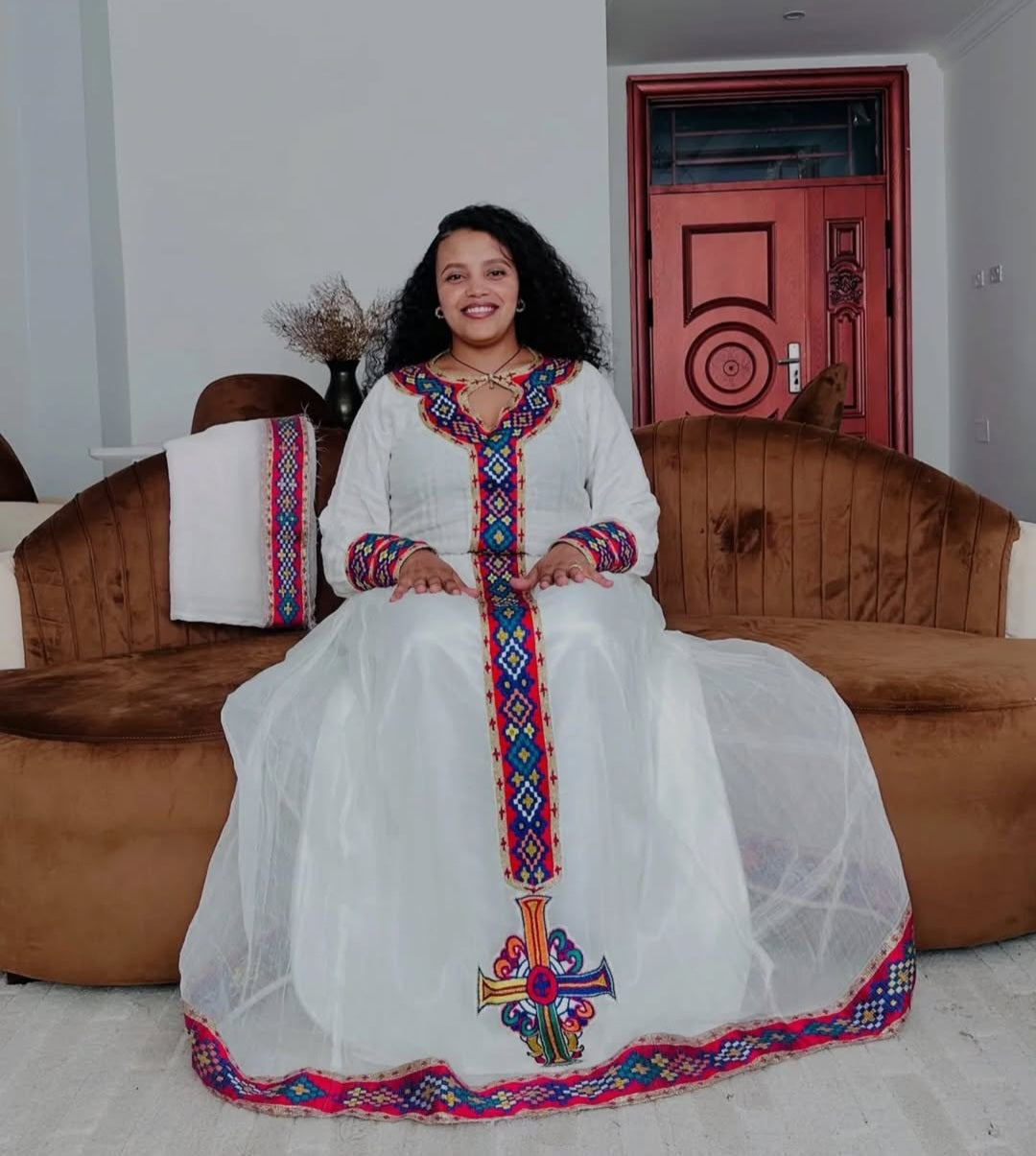 Authentic Ethiopian Dress with multicolor Tibeb – Traditional Habesha Kemis