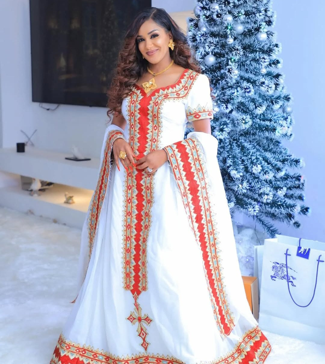 Vibrant Habesha Kemis with Red Tibeb – Ethiopian Traditional Dress