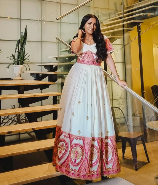 White Habesha Dress with Pink Tibeb β Modern Ethiopian kemis