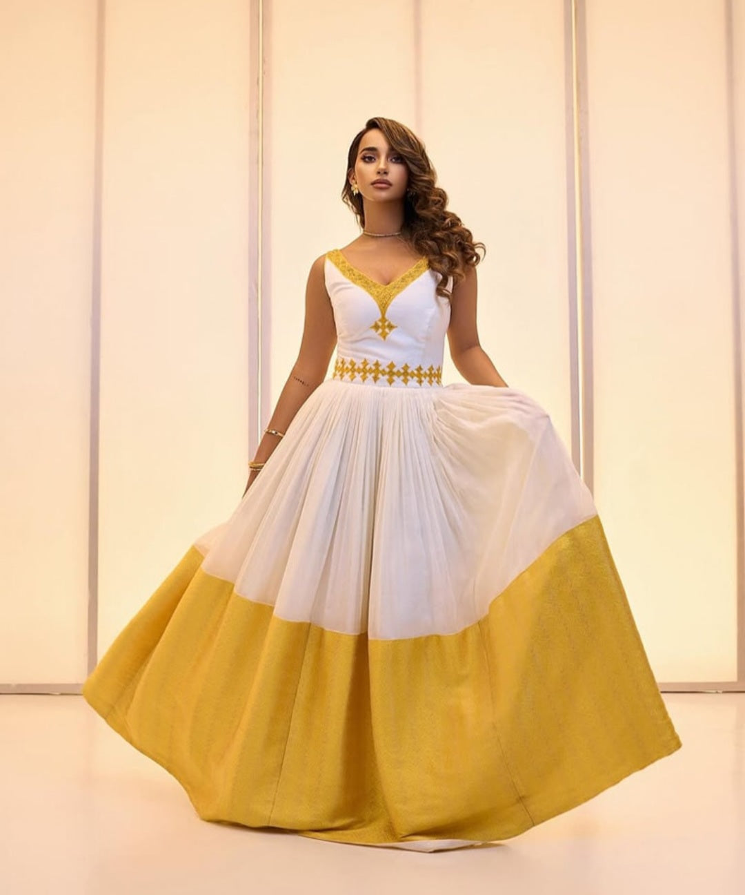 White Ethiopian Dress with Gold & Yellow Accents – Elegant Habesha dress