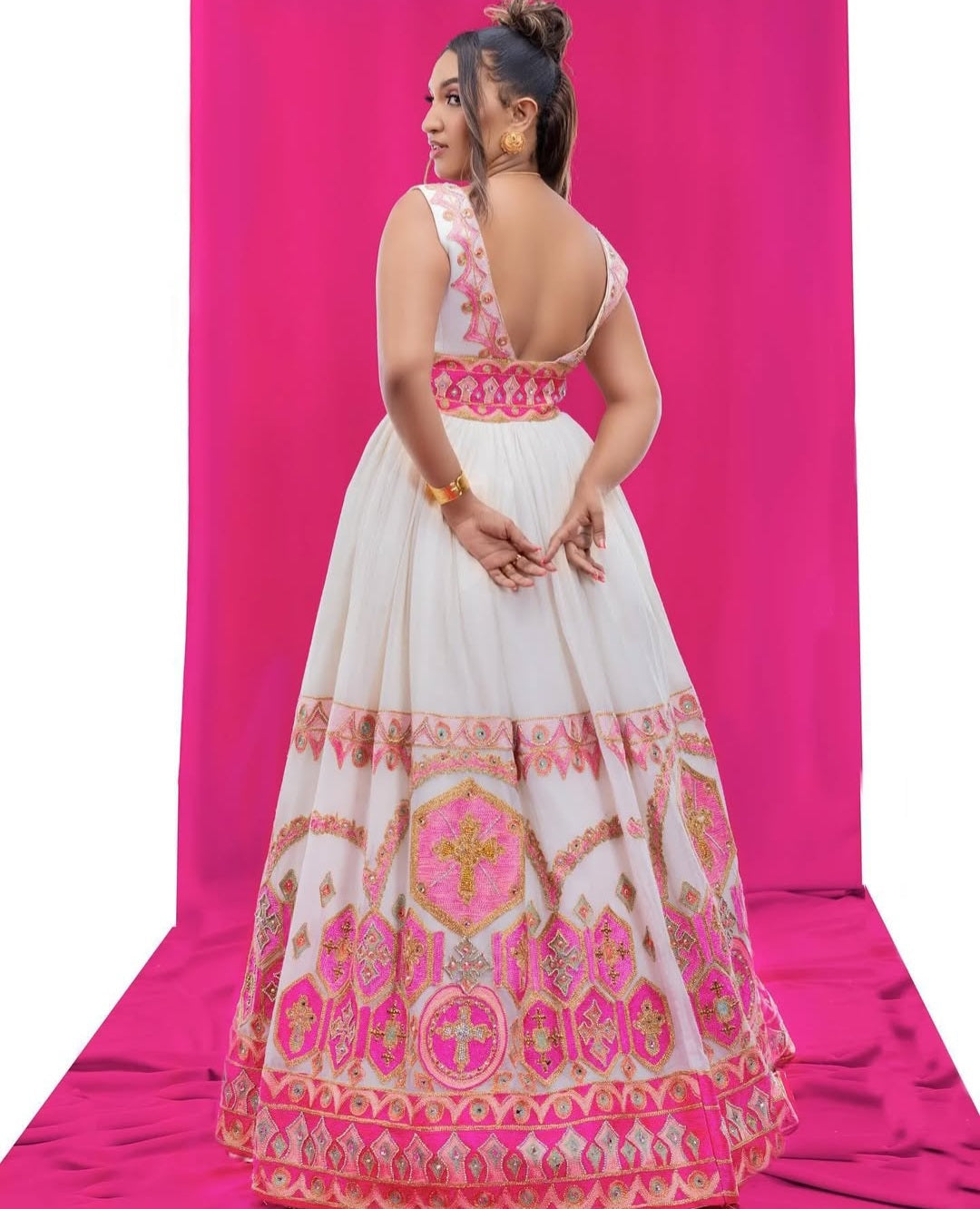 Modern Habesha Dress with Pink Tibeb – Stylish Ethiopian zuria