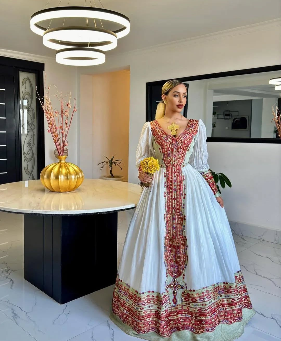 Handwoven Ethiopian Wedding Dress – Red Tibeb Habesha Kemis