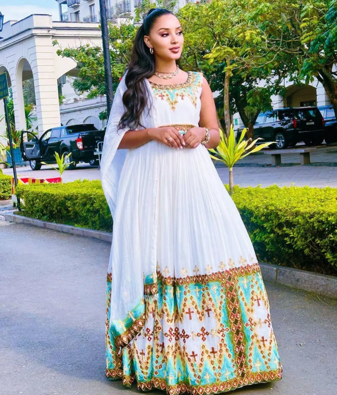 Habesha Dress with green Tibeb – Authentic Ethiopian Traditional Dress