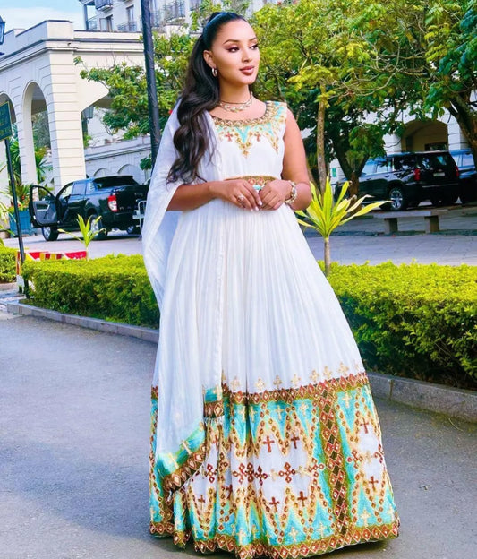 Habesha Dress with green Tibeb β Authentic Ethiopian Traditional Dress