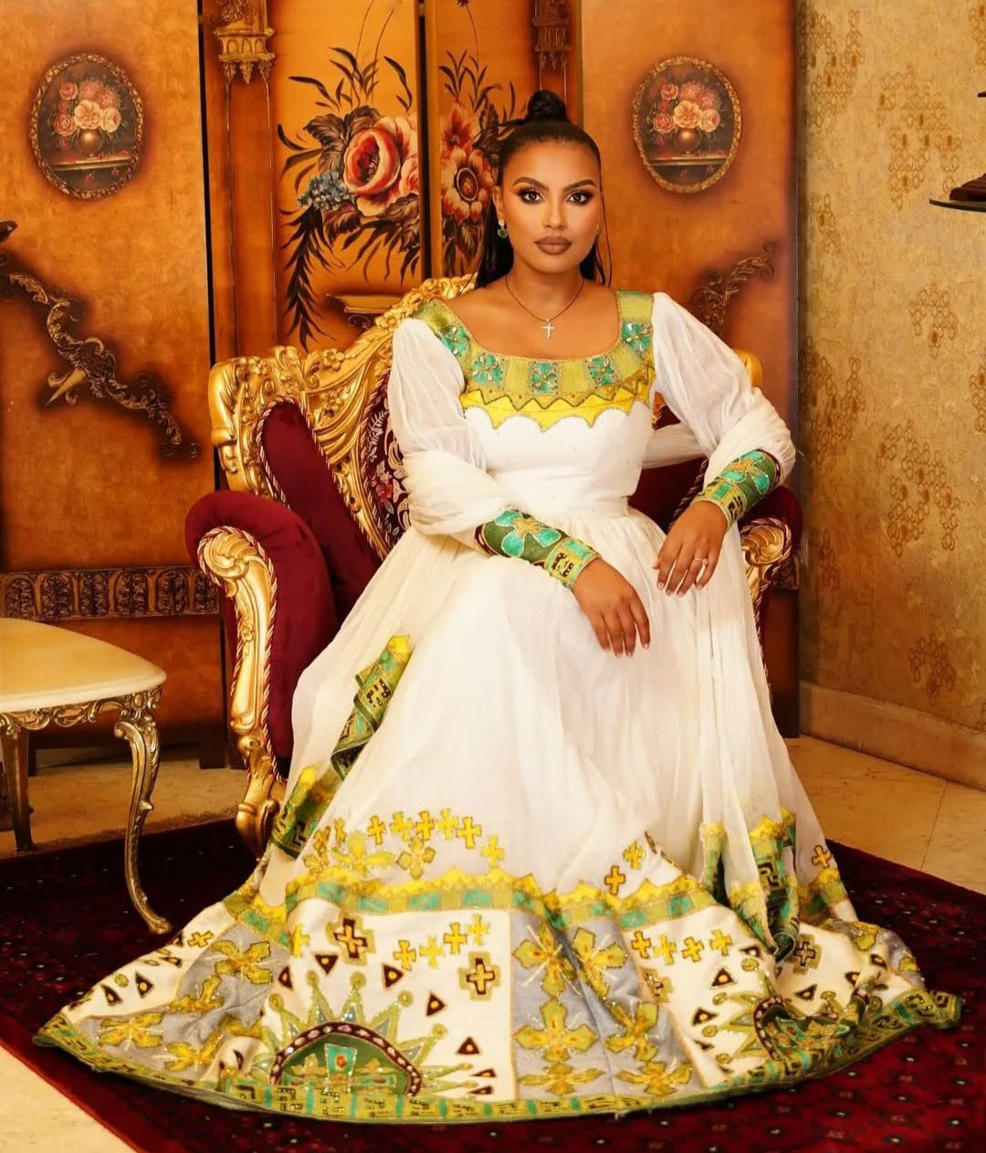 Ethiopian Dress with Green Tibeb – Elegant Habesha Kemis for Women