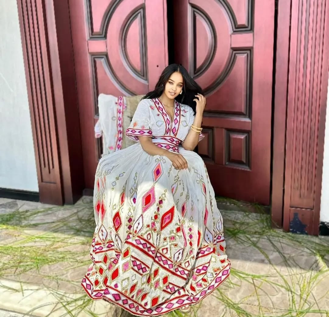 Elegant Habesha Dress with Pink & Red Tibeb - Handwoven Ethiopian Traditional Dress