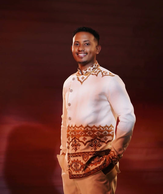 White Habesha Men's Shirt with Gold & White Geometric Embroidery β Asymmetrical Design