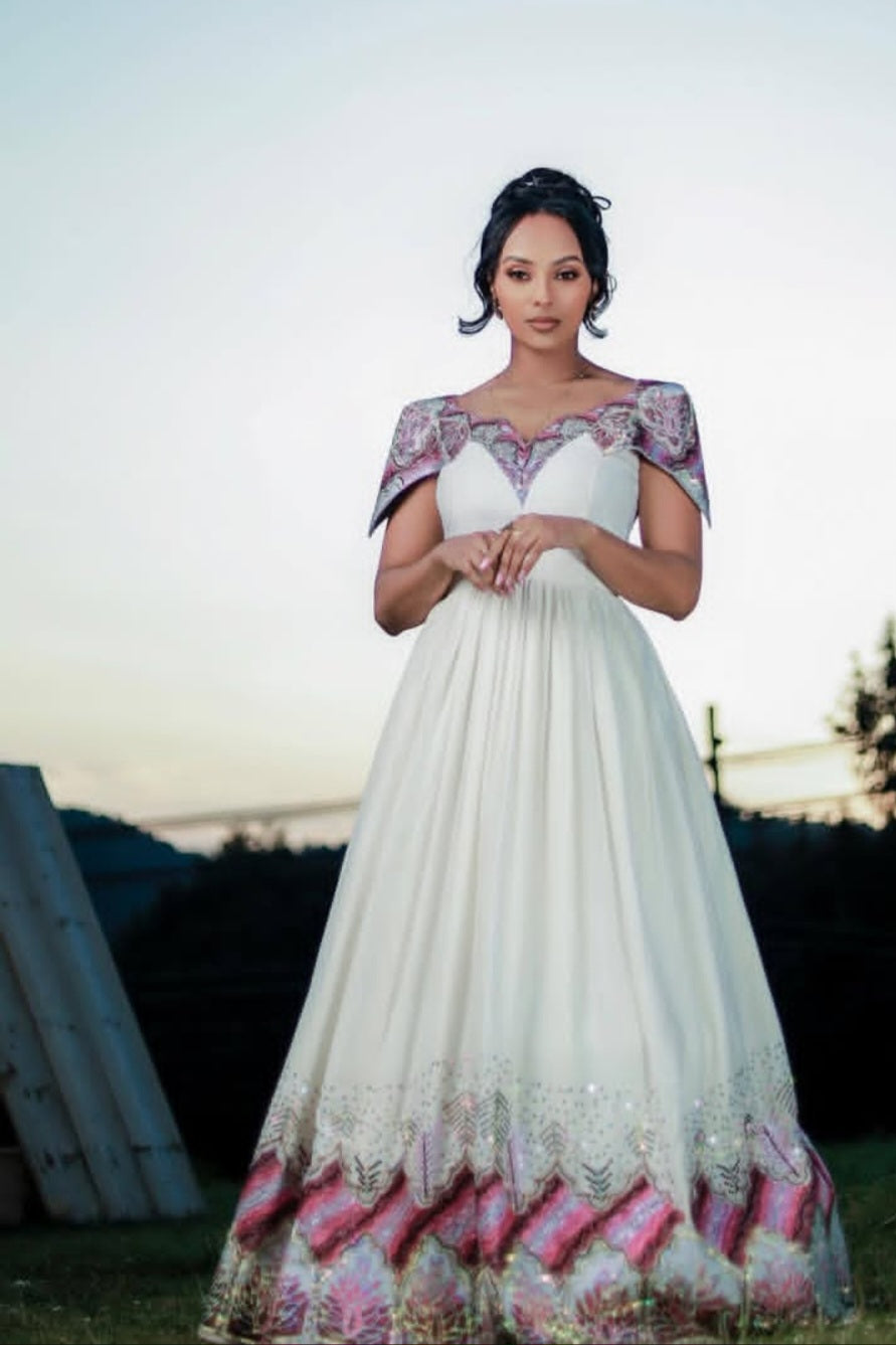 Regal Ethiopian Wedding Dress with Purple Accents - Habesha Kemis