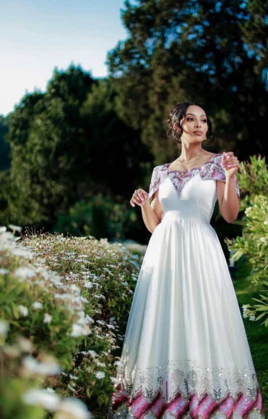 Regal Ethiopian Wedding Dress with Purple Accents - Habesha Kemis