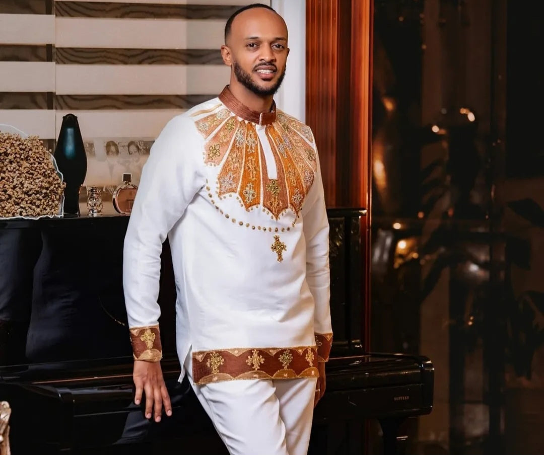 White Habesha Men's Shirt with Gold Embroidery – Regal Chest Design