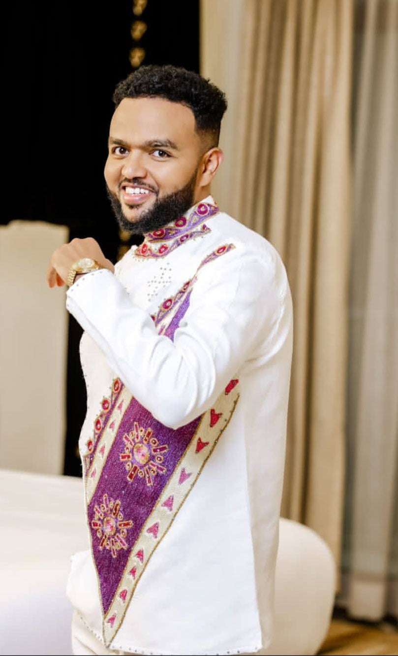 White Habesha Shirt with Purple Tibeb – Authentic Ethiopian Men's Shirt