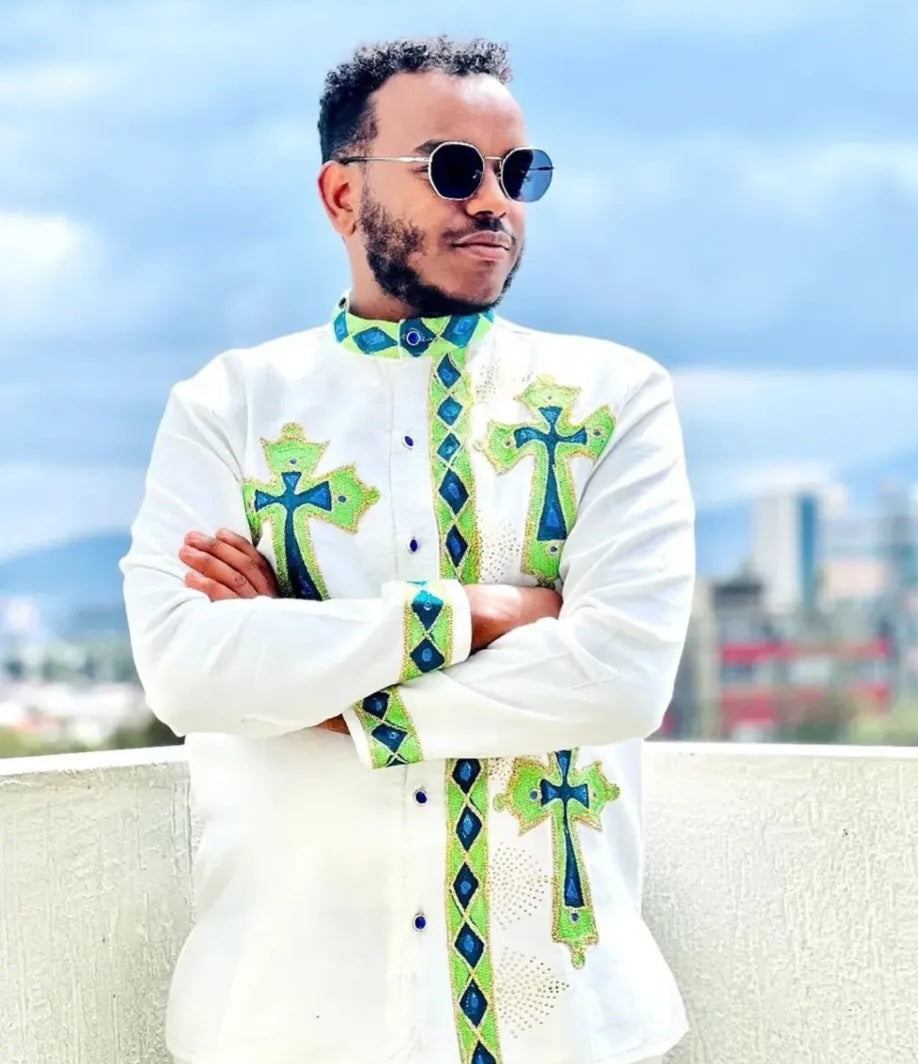 White Habesha Men's Shirt with Green Cross Embroidery – Vibrant Cultural Design