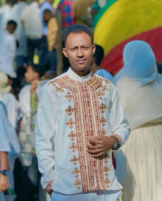 White Habesha Men's Shirt with Brown & Gold Embroidery β Traditional Vertical Patterns
