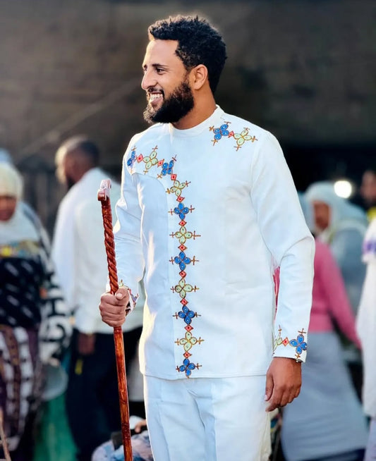 White Habesha Men's Shirt with Cross & Floral Embroidery β Dynamic Vertical Design