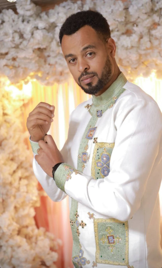 White Habesha Men's Shirt with Mint Green & Gold Embroidery β Elegant Chest & Pocket Detail
