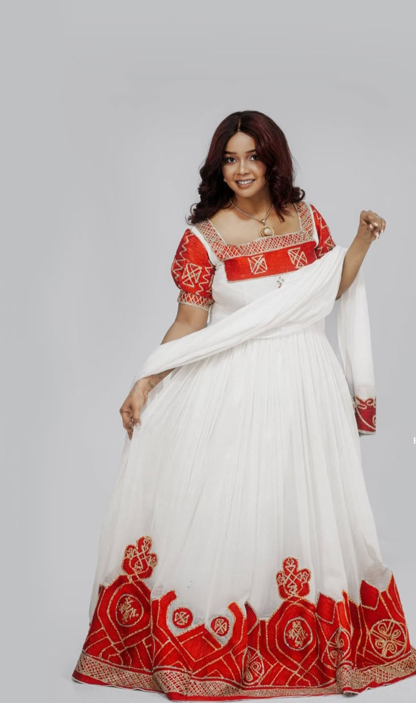 Classic Habesha Kemis with Red Tibeb - Ethiopian Traditional Dress for Women