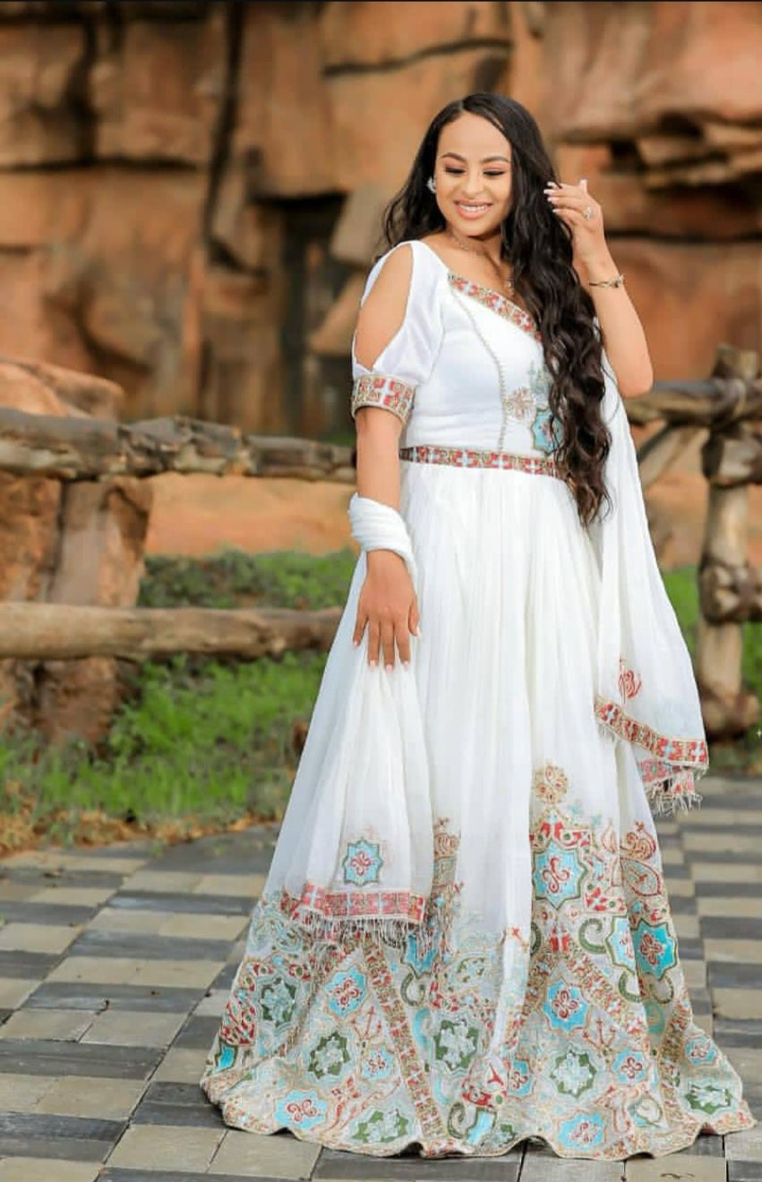 Elegant White Habesha Dress with Colorful Tibeb – Ethiopian Traditional dress