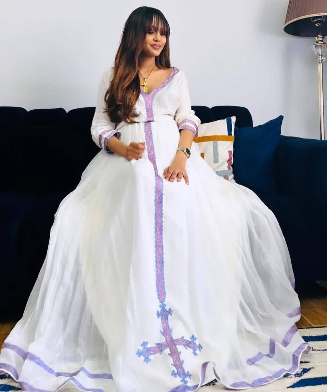 White Habesha dress with purple Tibeb – Ethiopian holiday or Event Dress