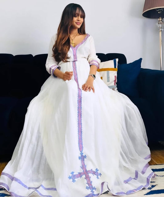 White Habesha dress with purple Tibeb β Ethiopian holiday or Event Dress