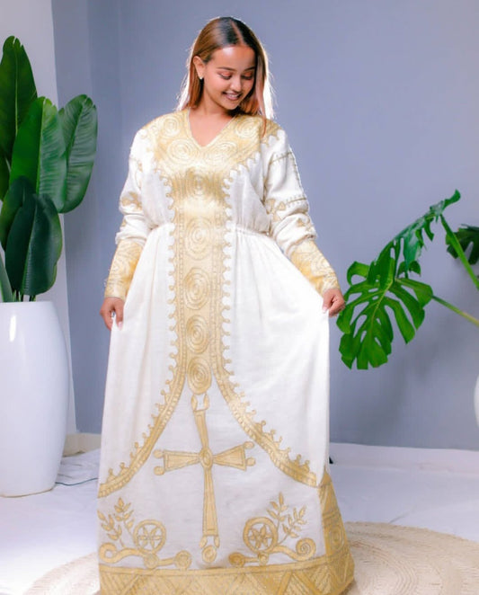 Elegant Habesha Kemis with Gold Cross Embroidery β Authentic Ethiopian Traditional Dress