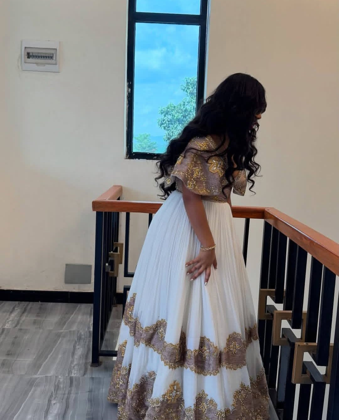 White and brown Habesha Wedding Dress – Elegant Ethiopian Kemis for Brides