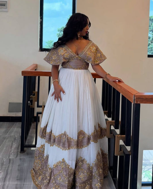 White and brown Habesha Wedding Dress – Elegant Ethiopian Kemis for Brides