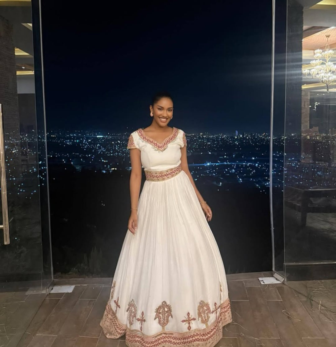 Modern Habesha Dress with pink Tibeb – Ethiopian Traditional Dress