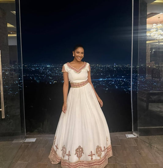 Modern Habesha Dress with pink Tibeb β Ethiopian Traditional Dress