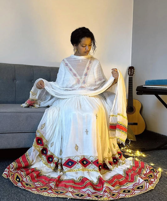 Handwoven Habesha Dress with Red & Gold Squares β Ethiopian Style