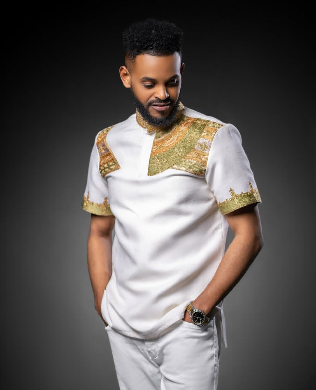 White Habesha Men's Shirt with Green & Gold Chest Embroidery – Short Sleeve Contemporary