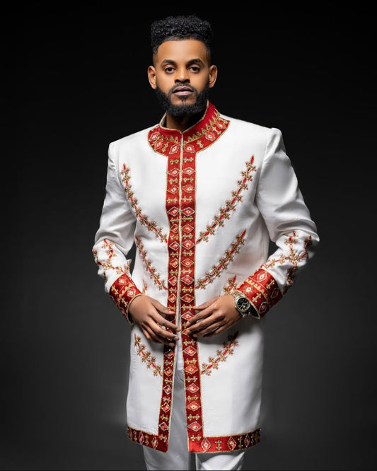 Habesha Men's shirt with Red Floral Tibeb – Regal Ethiopian Attire for Grooms