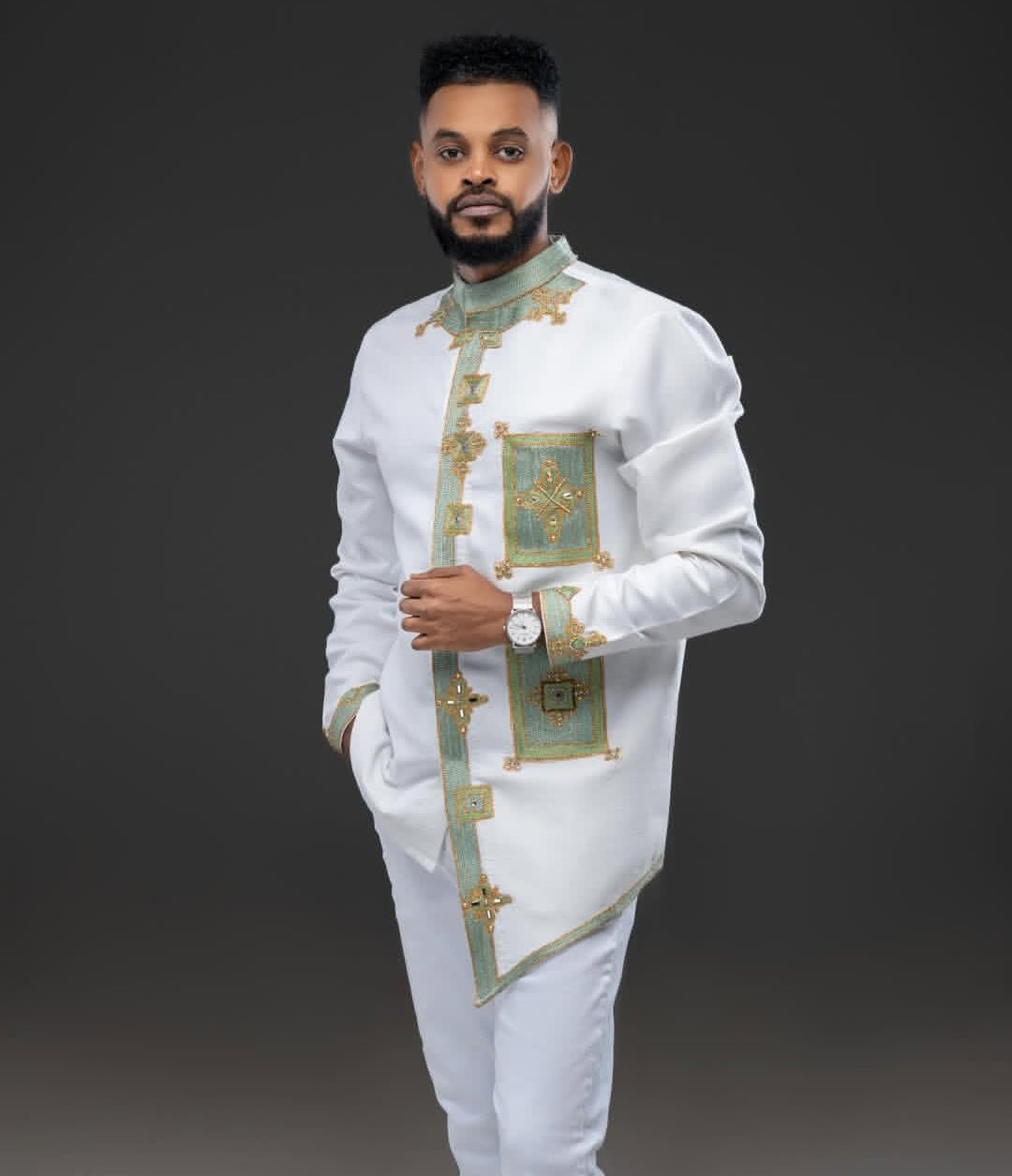 Habesha Men's Outfit with Green and Gold Tibeb – Stylish Ethiopian Traditional Shirt