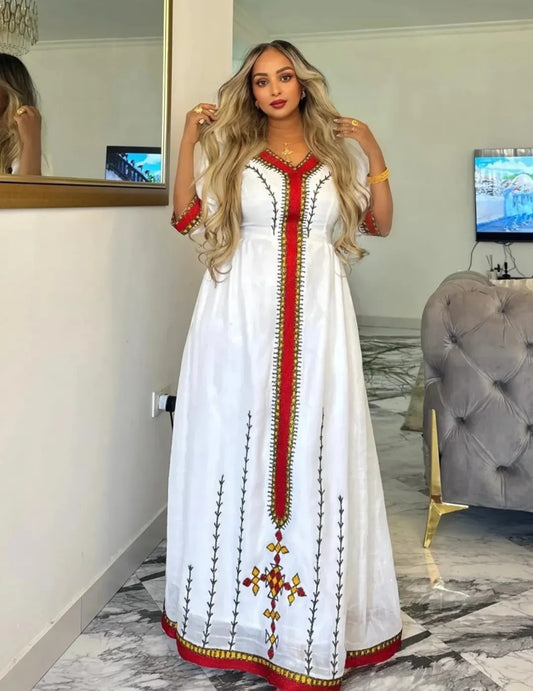 Modern Ethiopian Dress with Red & Gold Trim – Chic Habesha Kemis