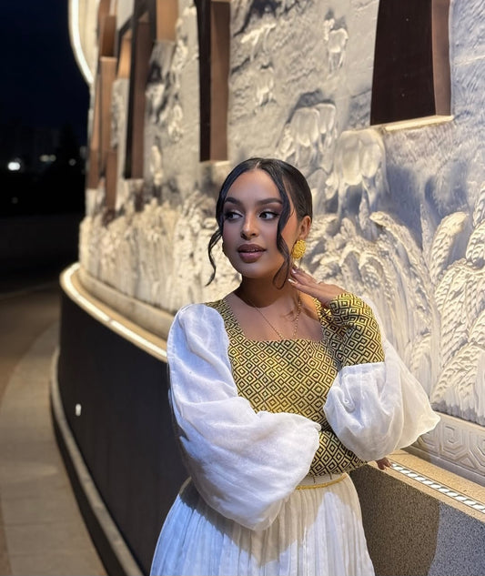 Ethiopian Dress with Royal Gold Tibeb β Modern Habesha Kemis