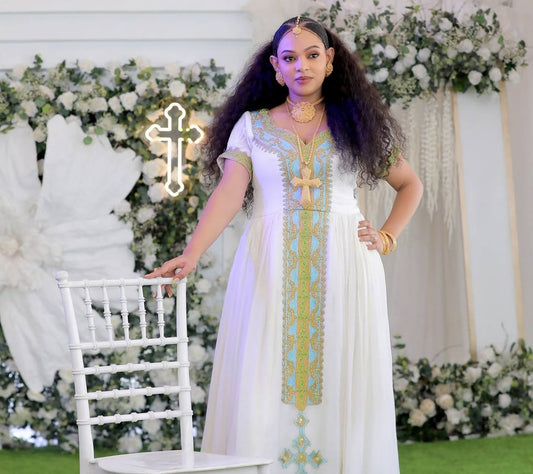 Regal Habesha Kemis with Gold Tibeb β Authentic Ethiopian Dress for Celebrations