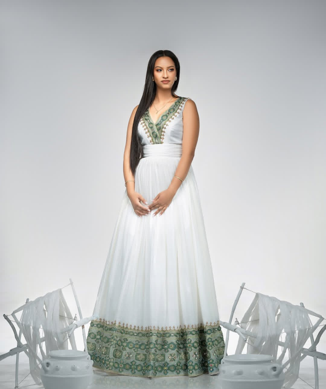 Serene Habesha Kemis with Green Tibeb – Modern Ethiopian Traditional Dress