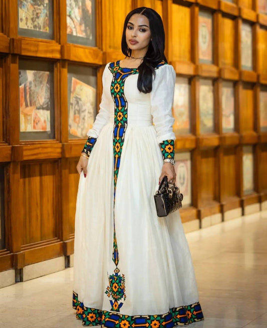 Colorful Habesha Dress with Modern Tibeb β Handwoven Ethiopian Kemis